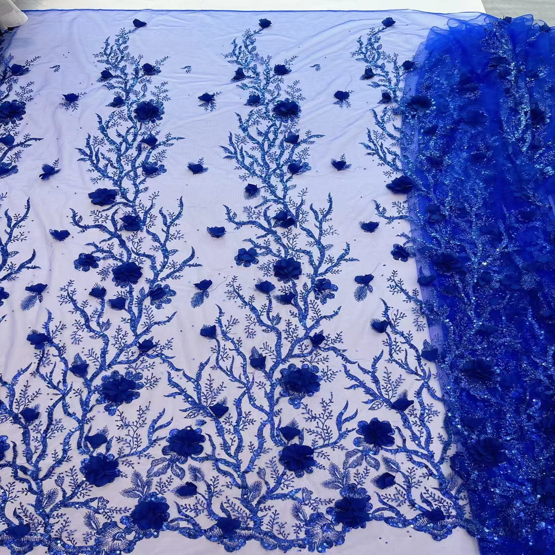 Vestido de novia de tela tridimensional flor lentejuelas posicionamiento bordado encaje europeo y americano malla bordado vestido de tela JX1914