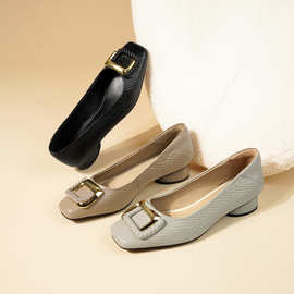 跨境法式金属方扣浅口玛丽珍单鞋粗跟增高通勤休闲软底奶奶鞋批发