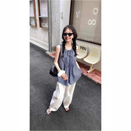 法式小个子蓝色格子无袖背心上衣女小众设计感宽松显瘦娃娃衫夏季