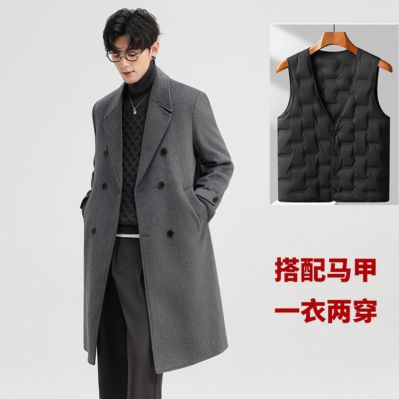 Self-Produced 218 Double-Sided Woolen Three-Breasted Long Style, Can Be Paired with a down Vest