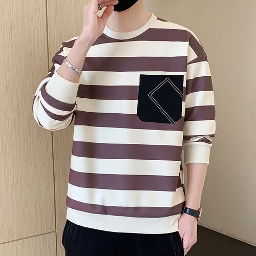 2025 Hong Kong style new style young men's fashion brand striped hoodie men's round collar loose bottomed shirt in spring and autumn