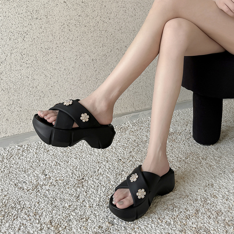 Dép sandal cao gót nữ quai chéo đính đá, đế platform dày, gót 9 cm — Màu đen, Màu trắng be
