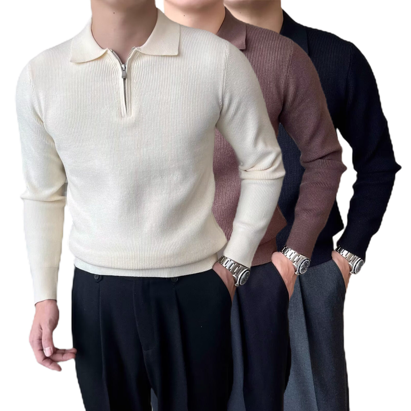 Explosiones transfronterizas de tamaño grande europeo polo camiseta con solapa camiseta de punto suéter hombre medio cremallera vieja fábrica de qianfengqiu mayorista