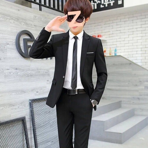 Autumn/Winter Thick Korean Men's Casual Suit Top Coat Set of Two, Dark Green British Style Slim Fit Single Piece Thick Version