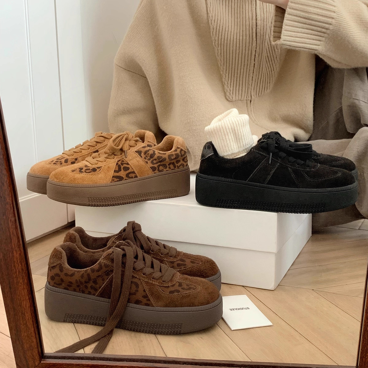 现货~葡萄妈增高厚底德训鞋女秋冬新款2025百搭T头休闲运动鞋真皮