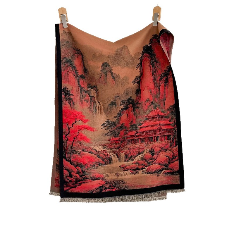 跨境冬季仿羊绒围巾女士山水画风景大披肩加厚保暖中长款围脖披肩|undefined