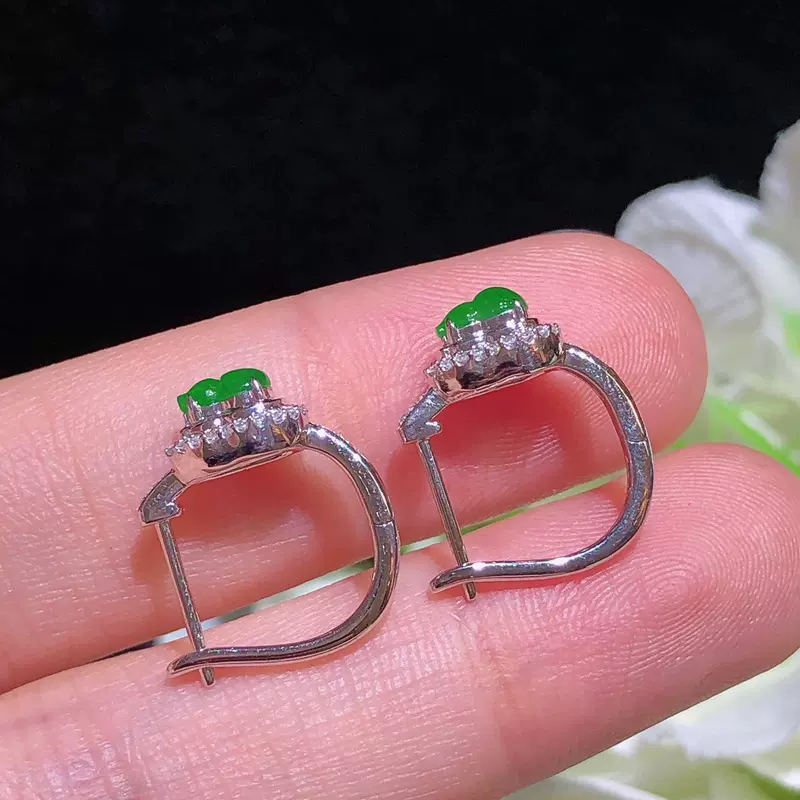 天然翡翠 18K金镶翡翠 阳绿葫芦耳钉套装玉耳饰配证书