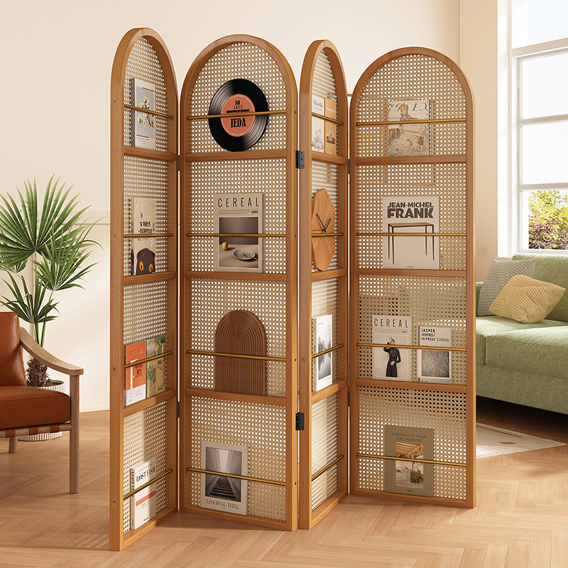Japanese-Style Rattan Screen Partition for Small Living Rooms, Simple Vintage Foldable Hotel Magazine Bookshelf