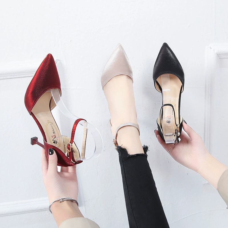 5196-1 Корейская версия сладких женских туфель на каблуке с высоким каблуком и неглубоким заостренным шелком