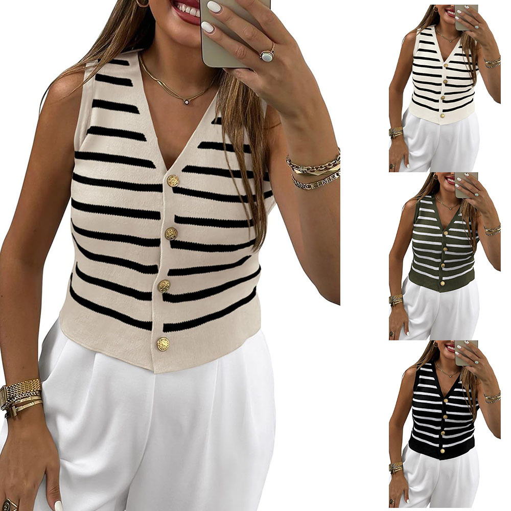 263g Weight Sleeveless Sleeve Length Single Breasted Placket Type Polyester, Viscose fiber Fabric Type Regular Top Length Vest Tops Type Daily Occasion V Neck Neckline Slim Fit Type Stripe Pattern Summer Season Women's Gender Contrast Binding Design Casual, Elegant Style Wholesale Women's Casual Elegant Stripe Sleeveless Contrast Binding Sweaters & Cardigans 12