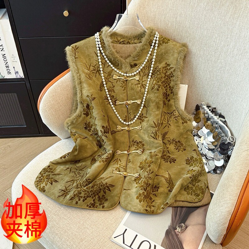 New Chinese Style Real Mink Fur Vest for Women, Winter Quilted Thickened Vest with Chinese Style Disc Buckle for Outer Wear