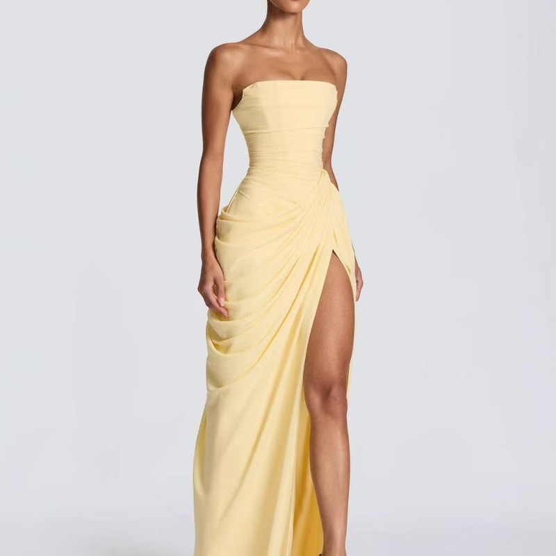 European and American 2026 New Style Sexy Hot Girl Ruched High-Slit French Tube Top Ruched Slit Dress