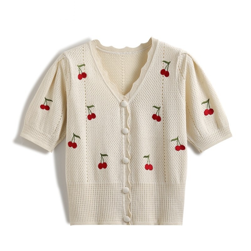 Hollow-Out Short-Sleeved Knitted Cardigan for Women, Summer Cherry Embroidery V-Neck T-Shirt, Puff Sleeve Top, Thin and Fresh, Preppy Style