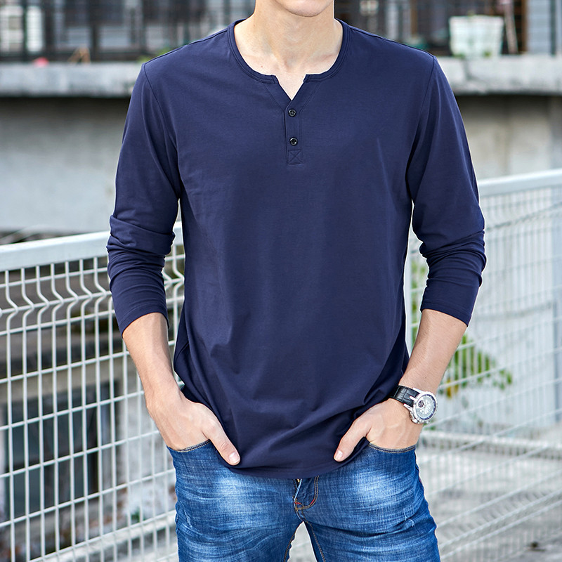 男士长袖V领T恤商务大码宽松休闲男式中年体恤POLO衫潮1121