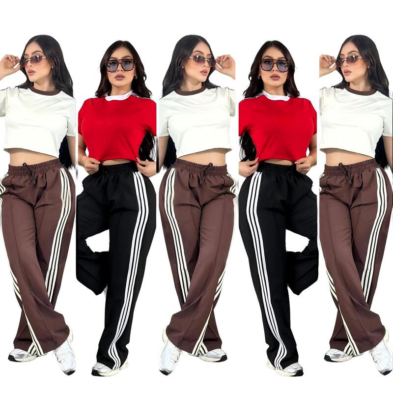 Yoga Outfit Casual Sports Set: Cropped Top with Low Waist and Round Neck, High-Waisted Wide-Leg Pants Two-Piece Set Q6401