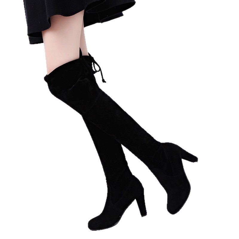 Fleecegefütterte, warme Overknee-Stiefel mit hohem Absatz für Damen, Winter-Neuheit, Blockabsatz, Schnürung hinten, figurformende Stiefel, Größe 43._voghion.com