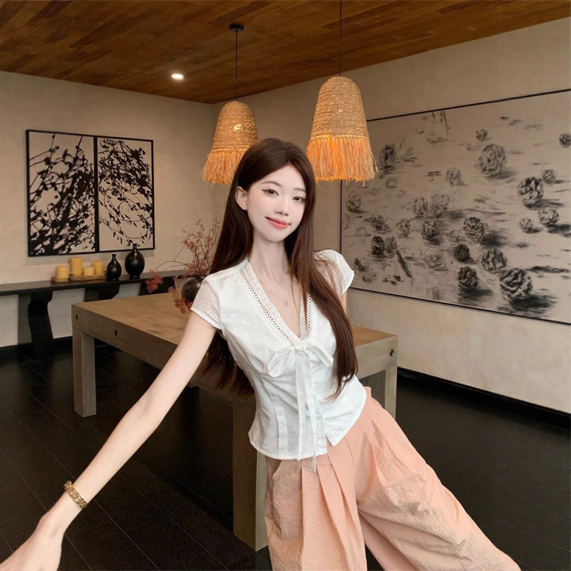 跨境贸易批发温柔蕾丝花边短袖衬衫女夏季甜美蝴蝶结系带收腰小衫|undefined