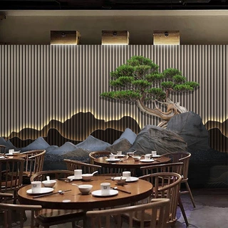 新中式3d古风餐厅壁纸木格栅中国风立体背景墙布茶室假山装饰墙纸