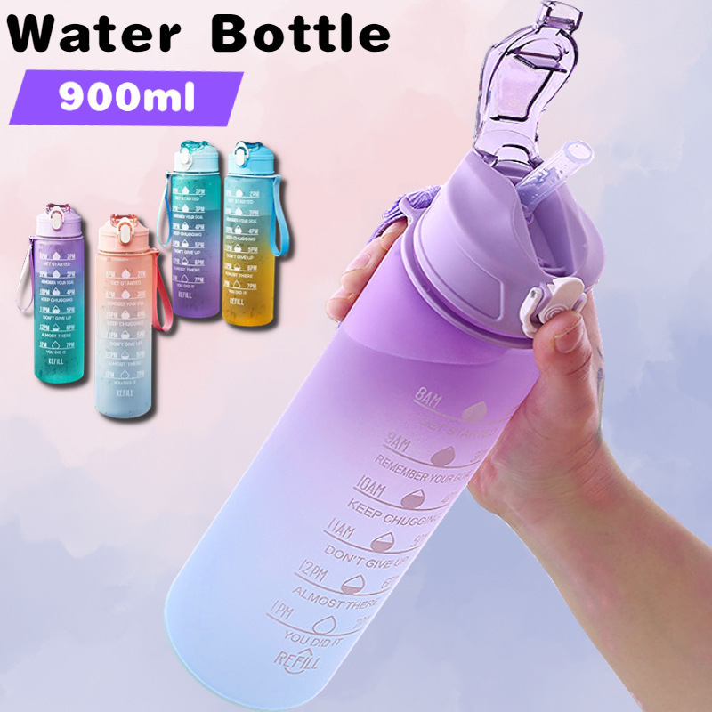 900ML Sports Water Bottle with Time Marker Leak-proof Cup Mo