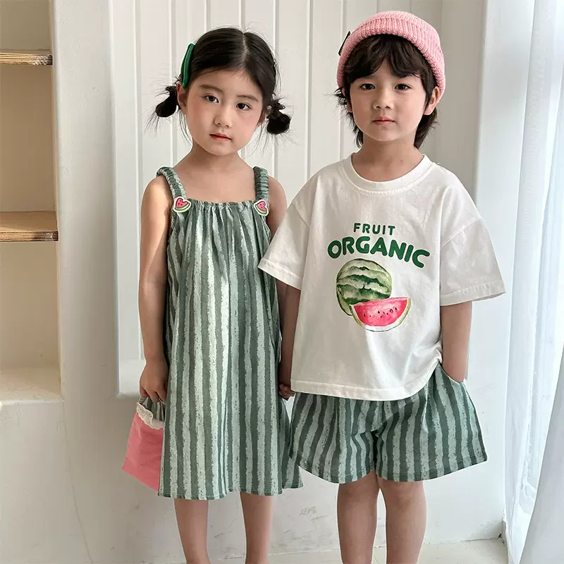儿童夏季套装男童纯棉条纹2025新款宝宝洋气女童吊带连衣裙兄妹装