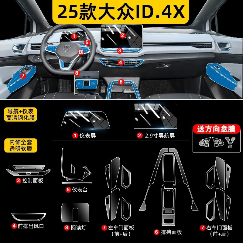 Подходит для 25 Volkswagen ID4, внутренняя защита, 4X экран, закаленная пленка, пленка для центрального управления для украшения салона автомобиля