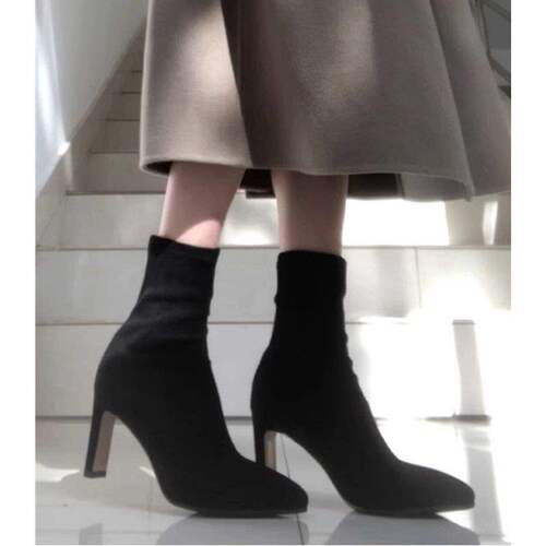 Apricot high-heeled short boots for women's new pointed suede thick heel shoes for autumn and winter plus velvet elastic slim boots