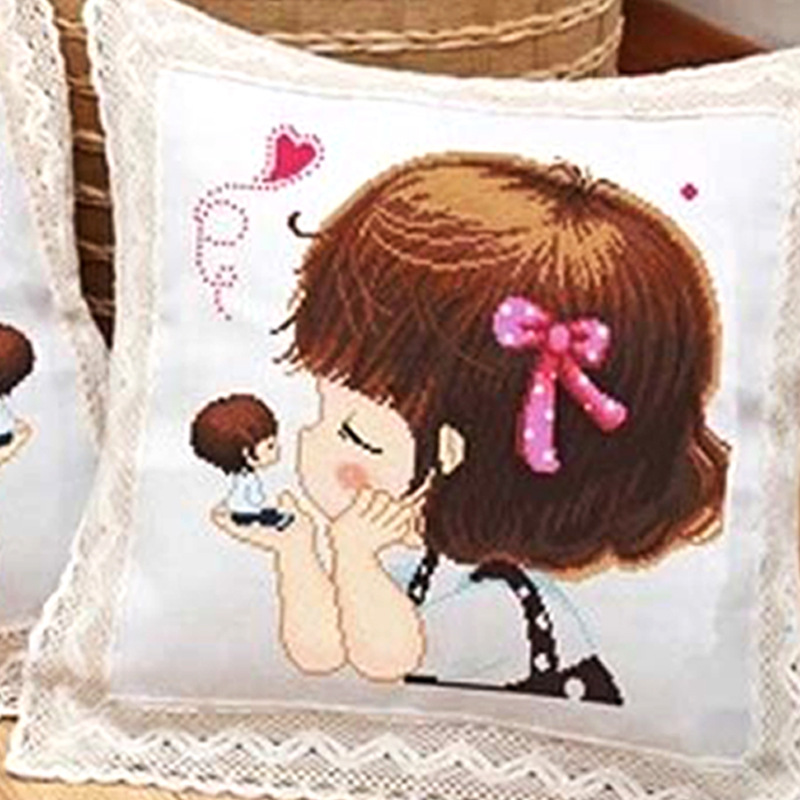 Bordado DIY punto de cruz almohada hecha a mano sala de estar almohada cojín de la boda Lu Bordado pareja de dibujos animados impreso almohada Coche