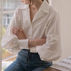 Dailyartフランス通勤復古灯籠袖乾練クラシックスーツ襟小vネック白いシャツ女
