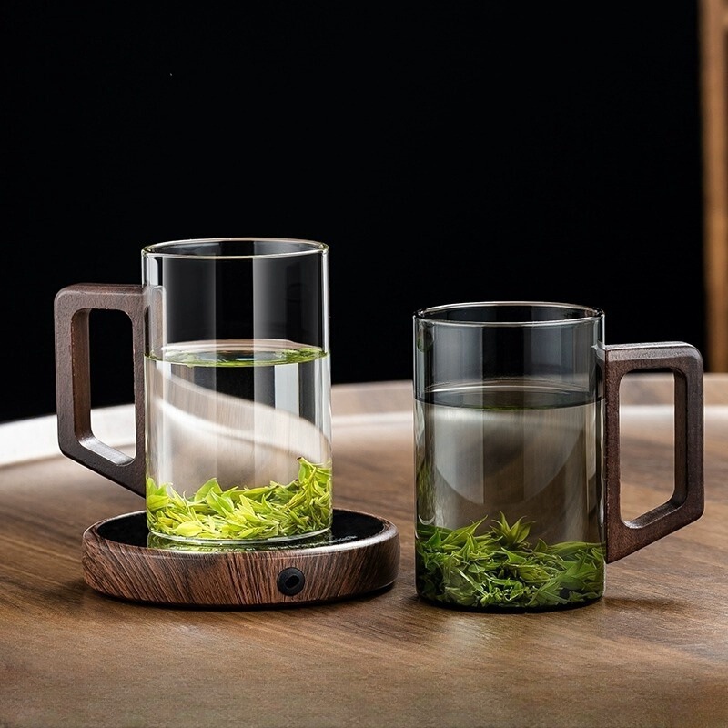 Glass Green Tea Cup Japanese-style Tea Cup with Handle Tea Cup High Temperature Office Drinking Water Anti-scalding Wooden Cup