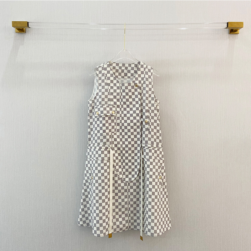 YUMEVER2021棋盘格子文化腰部可收紧都市休闲无袖背心连衣裙