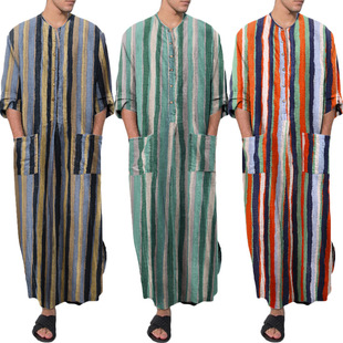 Muslim Robe Arab Men's Loose Striped Long-Sleeve Ethnic Style Middle Eastern Jumpsuit Loose and Comfortable