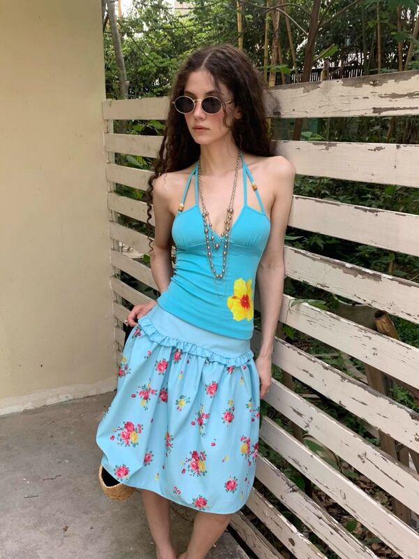 [210g 40 Count 1×1 Pure Cotton] Halter Strap Beaded Lace Camisole Slim Sleeveless Top