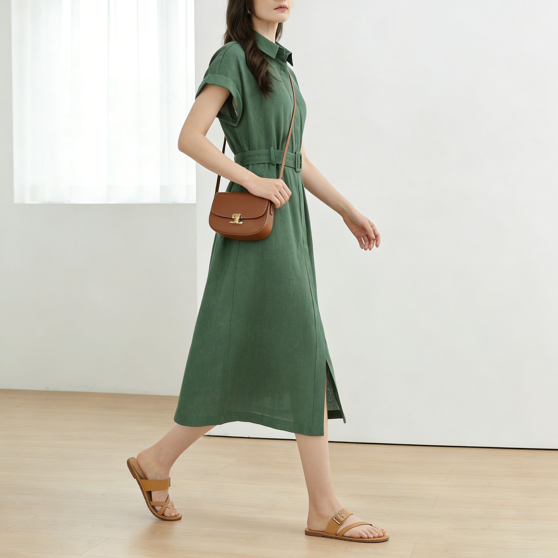 Đầm sơ mi nữ tay ngắn thắt eo chất liệu linen dáng dài — màu đen chi tiết 2