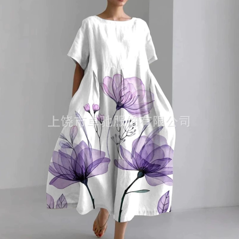 2025 Amazon трансграничное лето новый европейский и американский женский свободный с круглым вырезом модное платье с короткими рукавами