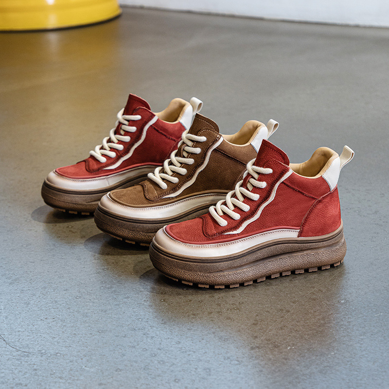 秋冬新款头层牛皮系带高帮休闲鞋女单鞋复古马丁靴厚底松糕跟短靴