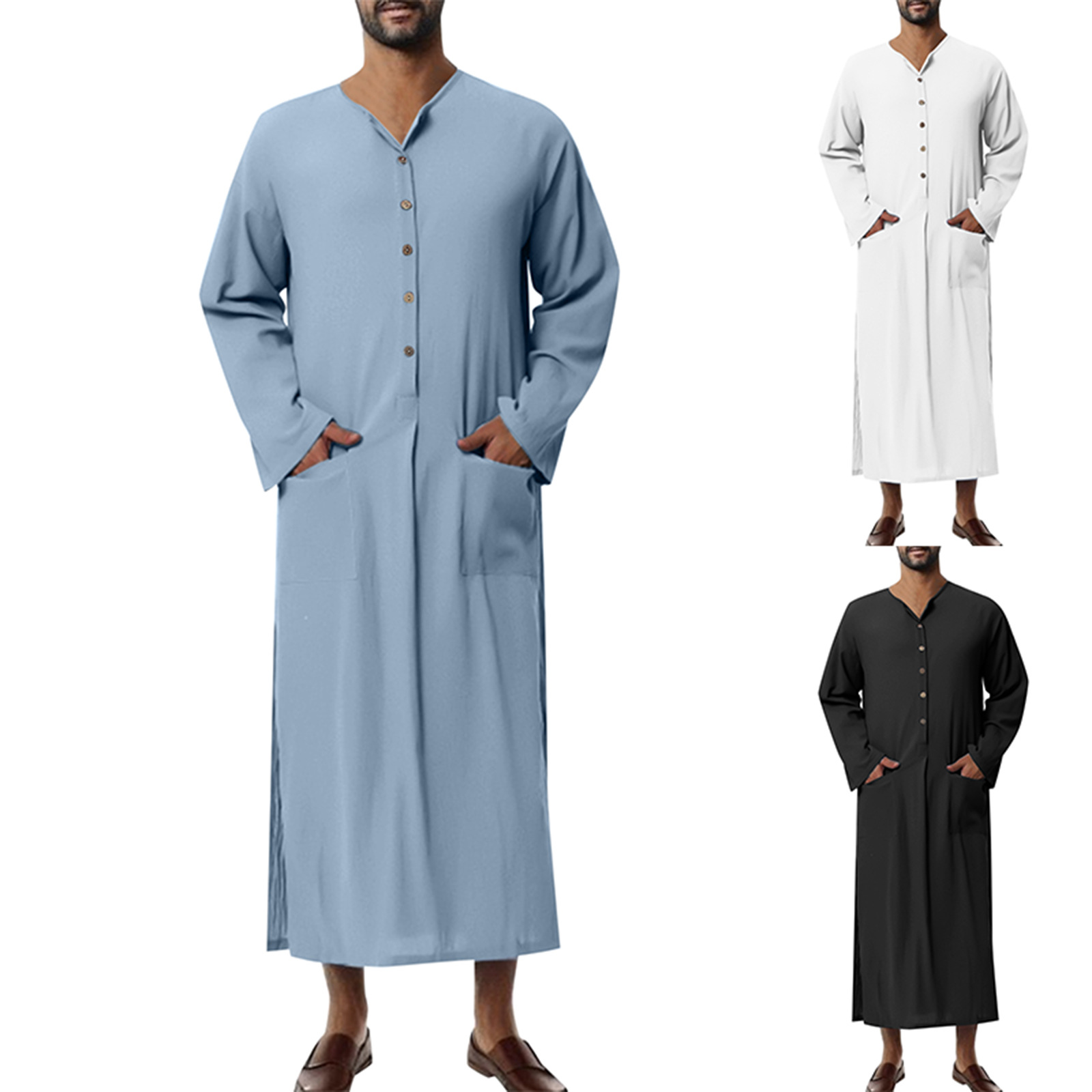 Sommer Herren Langarm Einfarbig Reine Baumwolle Lose Robe männer Muslimischen Robe_voghion.com