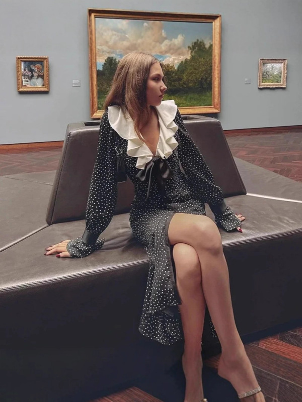 现货跨境女装ins秋冬法式荷叶领甜美波点显瘦开衩气质长袖连衣裙|undefined