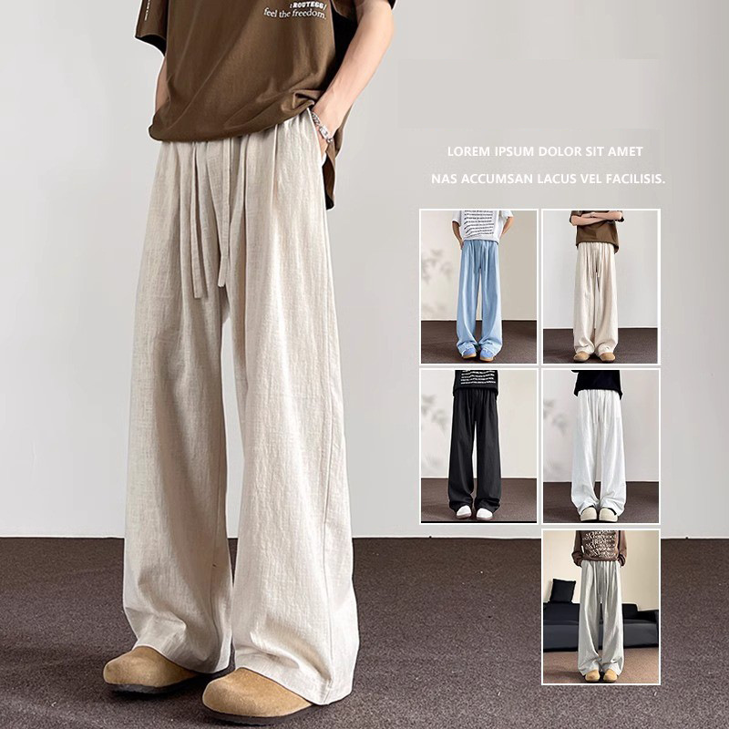 Pure Cotton Pants Men's Summer Thin Loose Straight Draped Men's Pants Wide Leg Pants Boys Japanese Style Trendy Brand Casual Pants