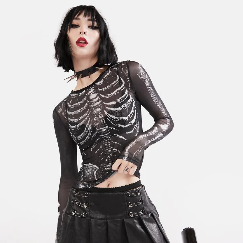 Women's Mesh Long Sleeve Crop Top Skull Print