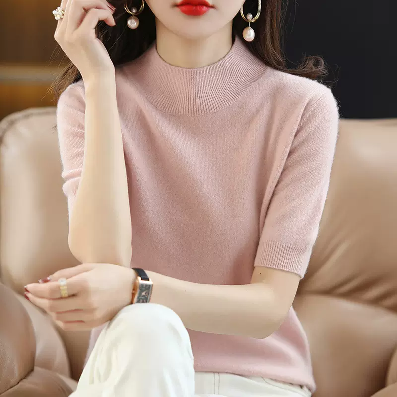 修身显瘦半高领打底衫春夏羊毛针织女士纯色五分袖中袖时尚百搭