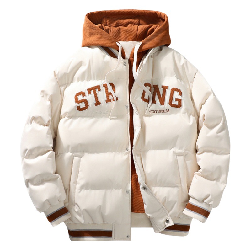 Falso abrigo de pan de dos piezas para hombres otoño e invierno con capucha marca de moda más letra de moda impresa abrigo Chaqueta de algodón acolchado fuente