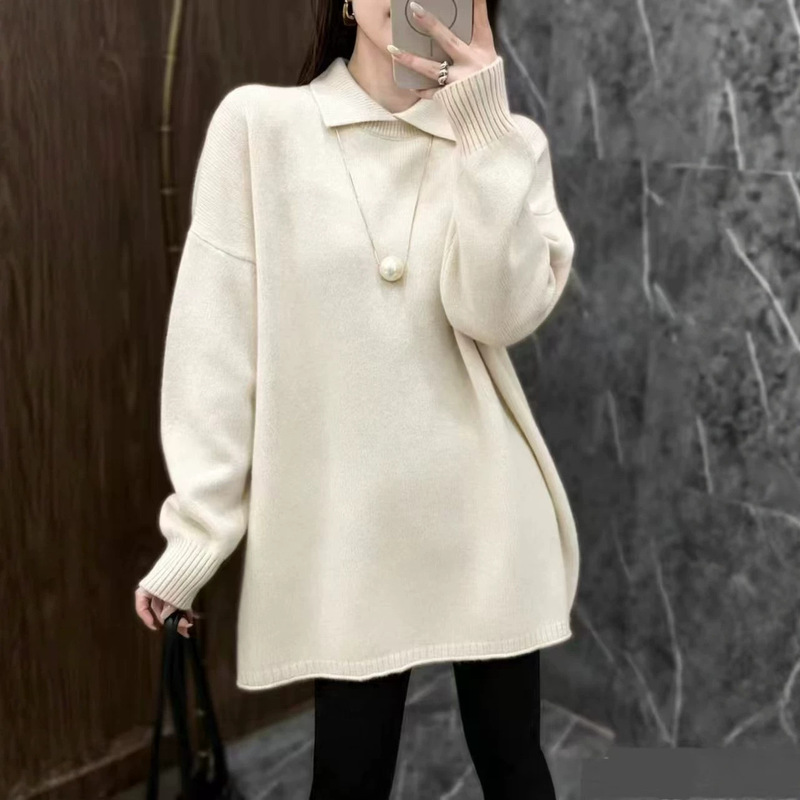 Mid-Length Knit Sweater with Small Lapel, Fashionable and Youthful Style, Loose and Lazy Style, Can Be Worn with Yoga Pants, Oversized Sweater Mid-Length Knit Sweater with Small Lapel, Fashionable and Youthful Style, Loose and Lazy Style, Can Be Worn with Yoga Pants, Oversized Sweater