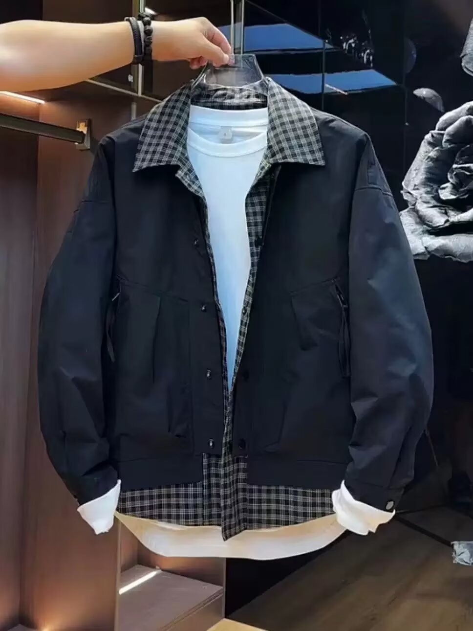 Herren Karo Arbeitsjacke Mit Revers Jugendlicher Trendblouson_voghion.com
