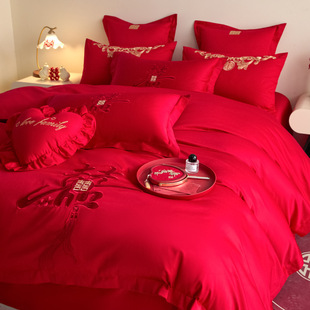High-End Brushed Embroidered Wedding Four-Piece Set, Bright Red Simple Quilt Cover, Wedding Room Dowry, Wedding Multi-Piece Set, Eight-Piece Set