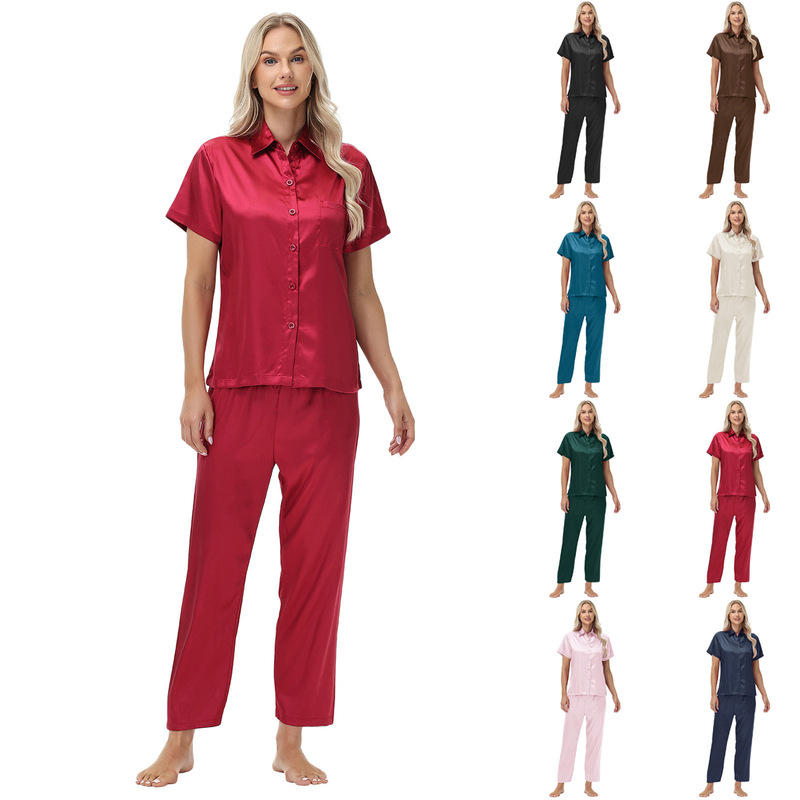 New Foreign Trade Cross-border Amazon European and American Shirt Ice Silk Pajamas Satin suit Short Sleeve Trousers Women's Home Clothes