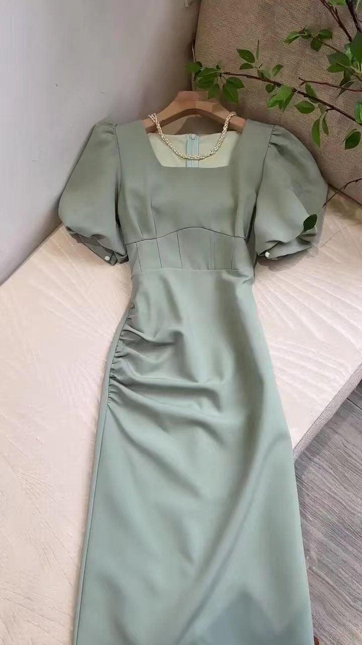 Váy maxi thắt eo phong cách Pháp trà chiều FL231293 — Màu đen, Màu xanh lá chi tiết 4
