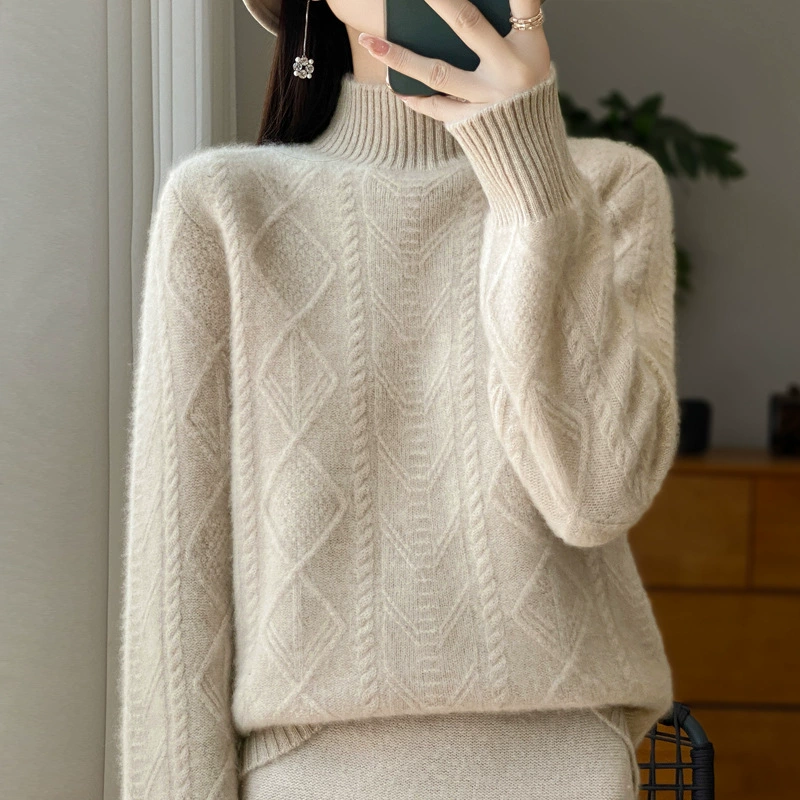 Оптовая продажа полугистого воротника ромбовидный свитер 100 свитер женский свитер с длинными рукавами