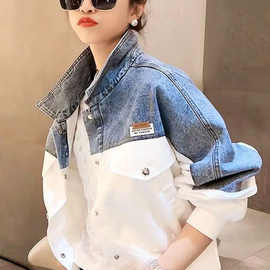 抖音牛仔外套女春秋新款拼接绣花撞色牛仔衣服女装夹克潮