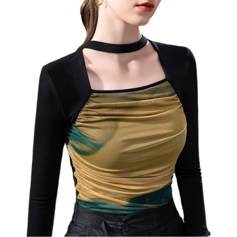 Cuello cuadrado camisa de fondo para mujeres 2023 europeo nuevo sexy Halter malla costura camiseta temperamento interior plisado superior image 1