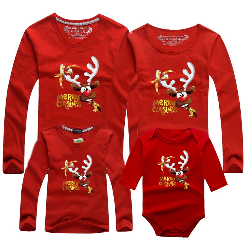 Rojo Santa Claus camisa de manga larga tocando fondo nuevo padre-niño ropa de los niños mono cuello redondo de los hombres y las mujeres de manga larga Camiseta